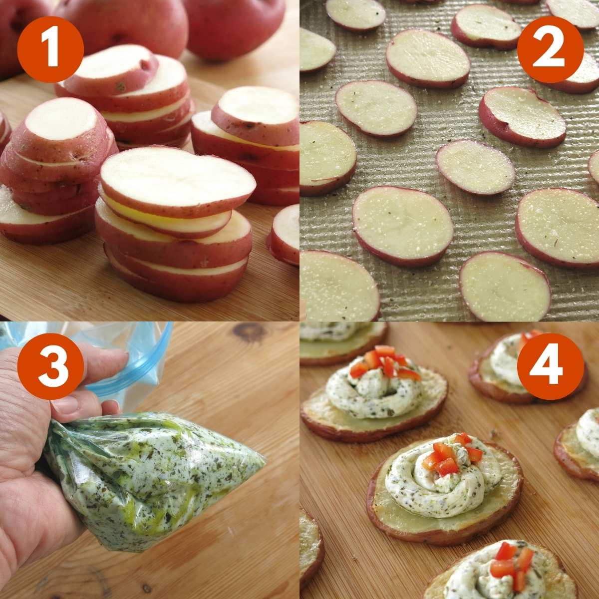 Collage of steps to make the recipe numbered to correspond with the list. 1) Sliced potatos, 2) Potato slices on a baking sheet. 3) Hand holding a bag with pesto cheese mixture. 4) Cooked potato rounds topped with pesto cheese and red peppers. 