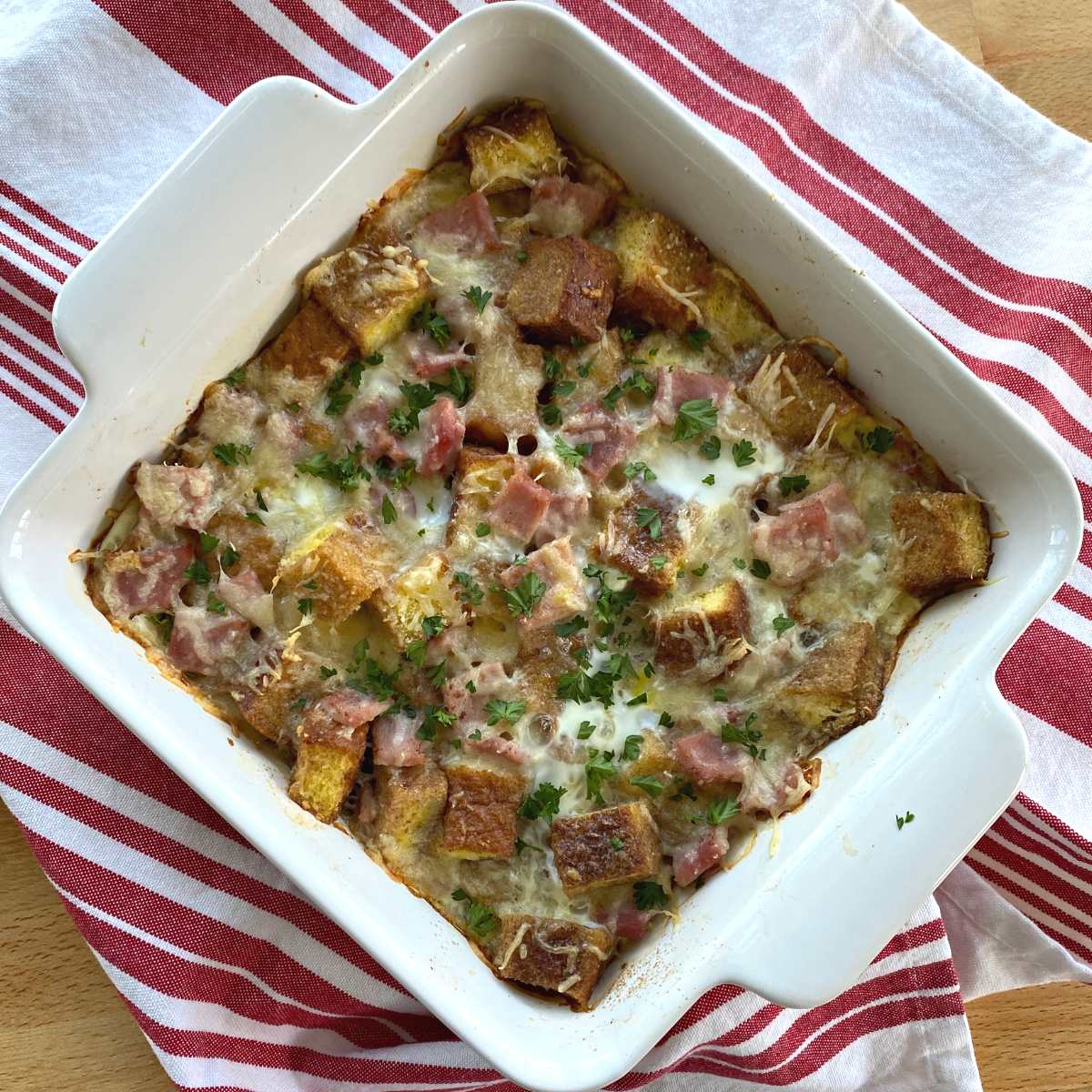 French toast monte cristo breakfast casserole in a baking dish.