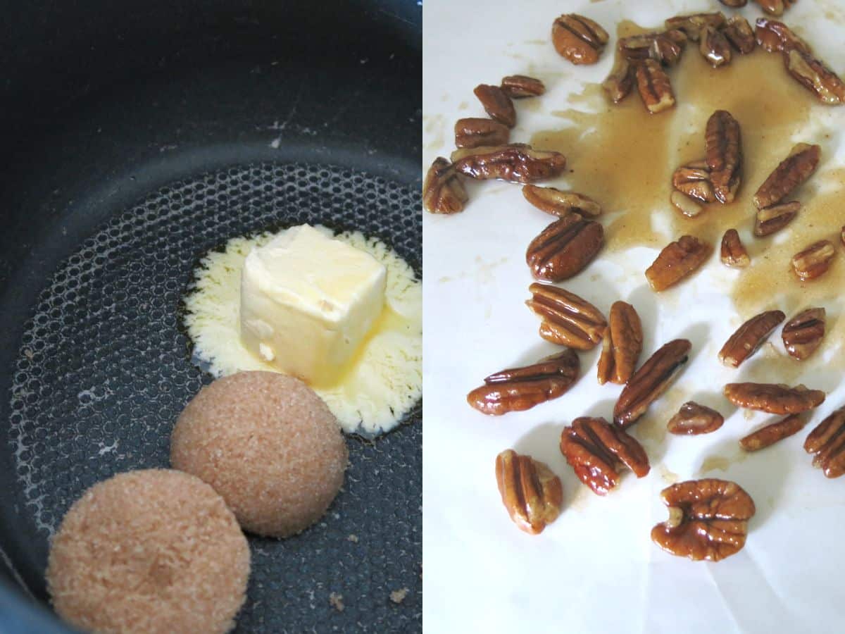 Collage of 2 pictures: butter and brown sugar in pan and coated pecans cooling on wax paper.