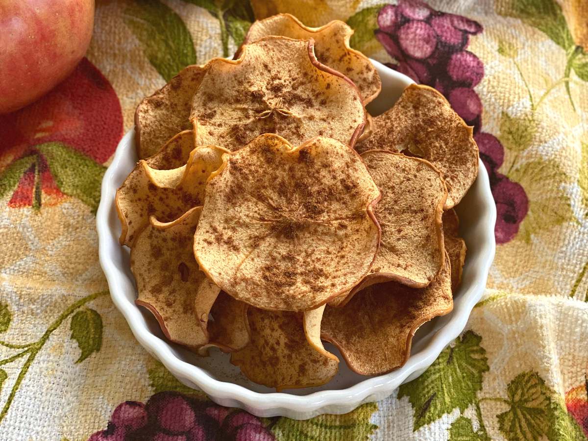 Easy baked apple chips in a bowl.