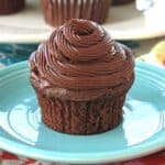 Eggless chocolate cupcake with dairy-free frosting on a plate.