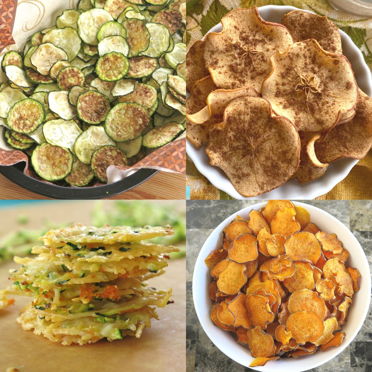 Picture collage of healthy potato chip alternatives - sweet potato chips, zucchini chips, parmesan cheese crisps and apple chips.