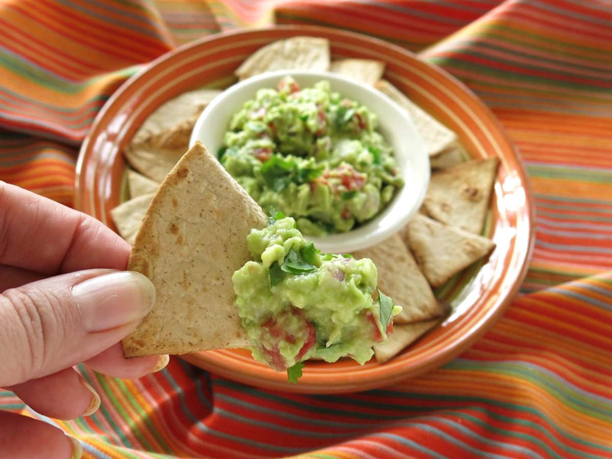 Guacamole Dip on a low-carb flour tortilla chip.