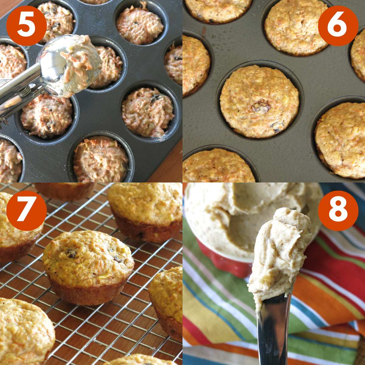 Direction collage for pineapple carrot mufins: 5) being scooped into muffin tin 6) baking in tin 7) cooling on rack 8) frosting on knife.