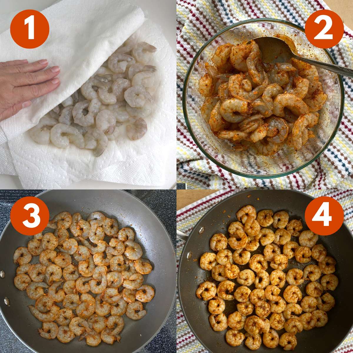 Collage of steps to make blackened shrimp: 1) shrimp being patted dry 2) shrimp in bowl with spices and olive oil 3) shrimp in skillet uncooked 4) shrimp flipped to the other side and finished in skillet.