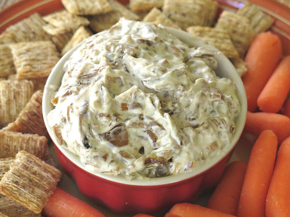 Caramelized onion dip with Greek yogurt in a bowl next to carrots and low-carb crackers.