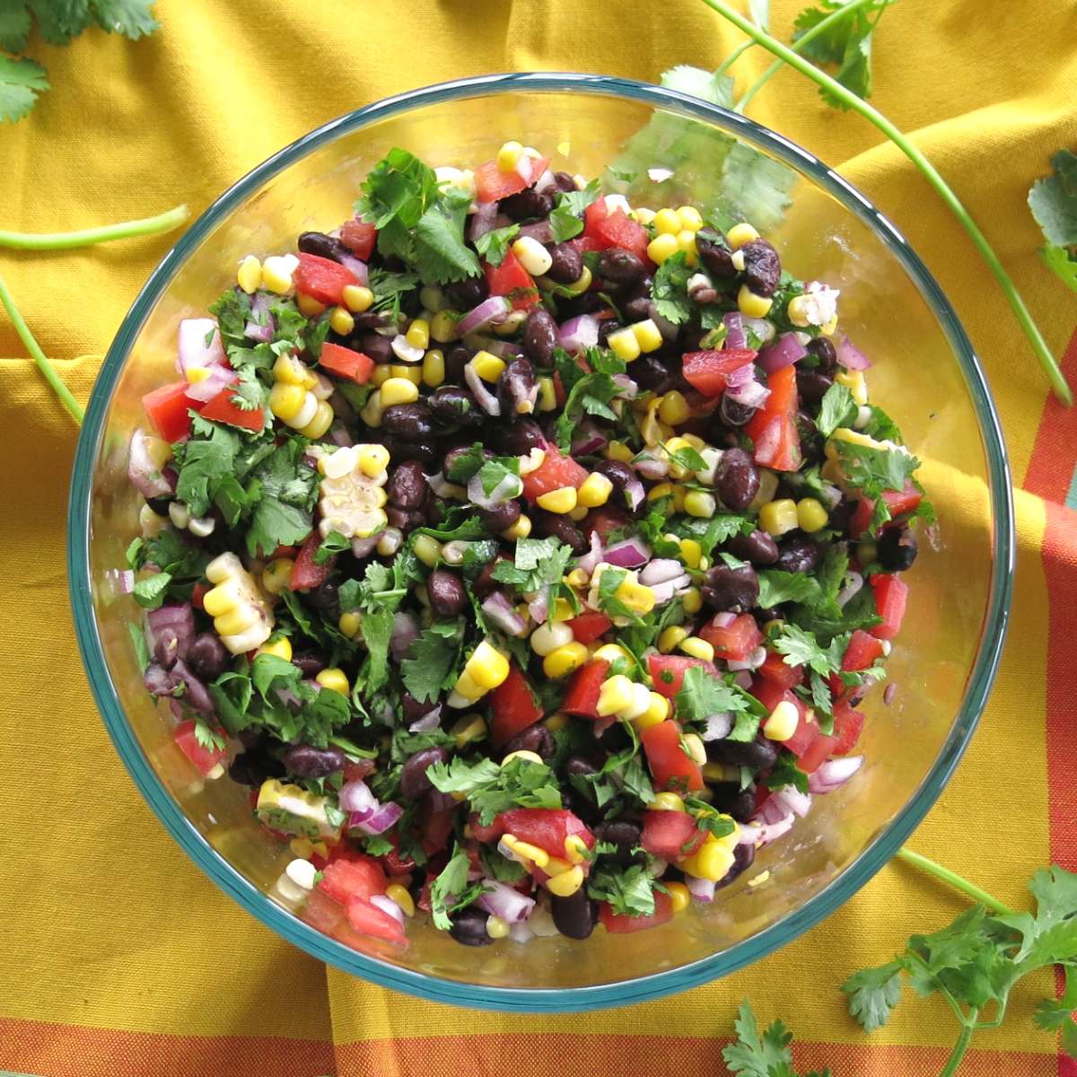 Bowl of corn and black bean salsa.