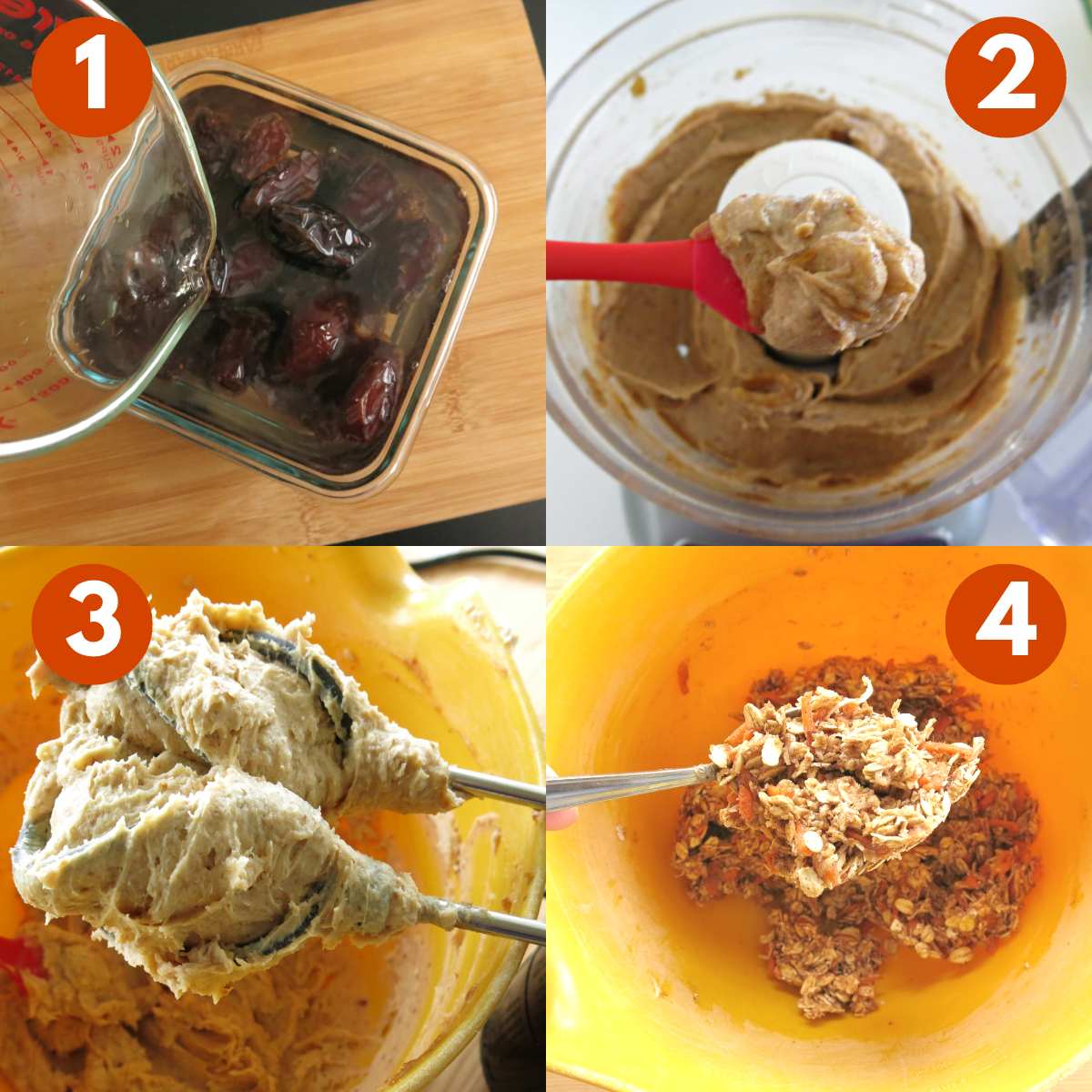 Picture collage of steps to make carrot cake date balls: 1) dates soaking 2) pureed dates in food processor, 3) beaters with cream cheese, date mixture 4) combined ingredients in a bowl.