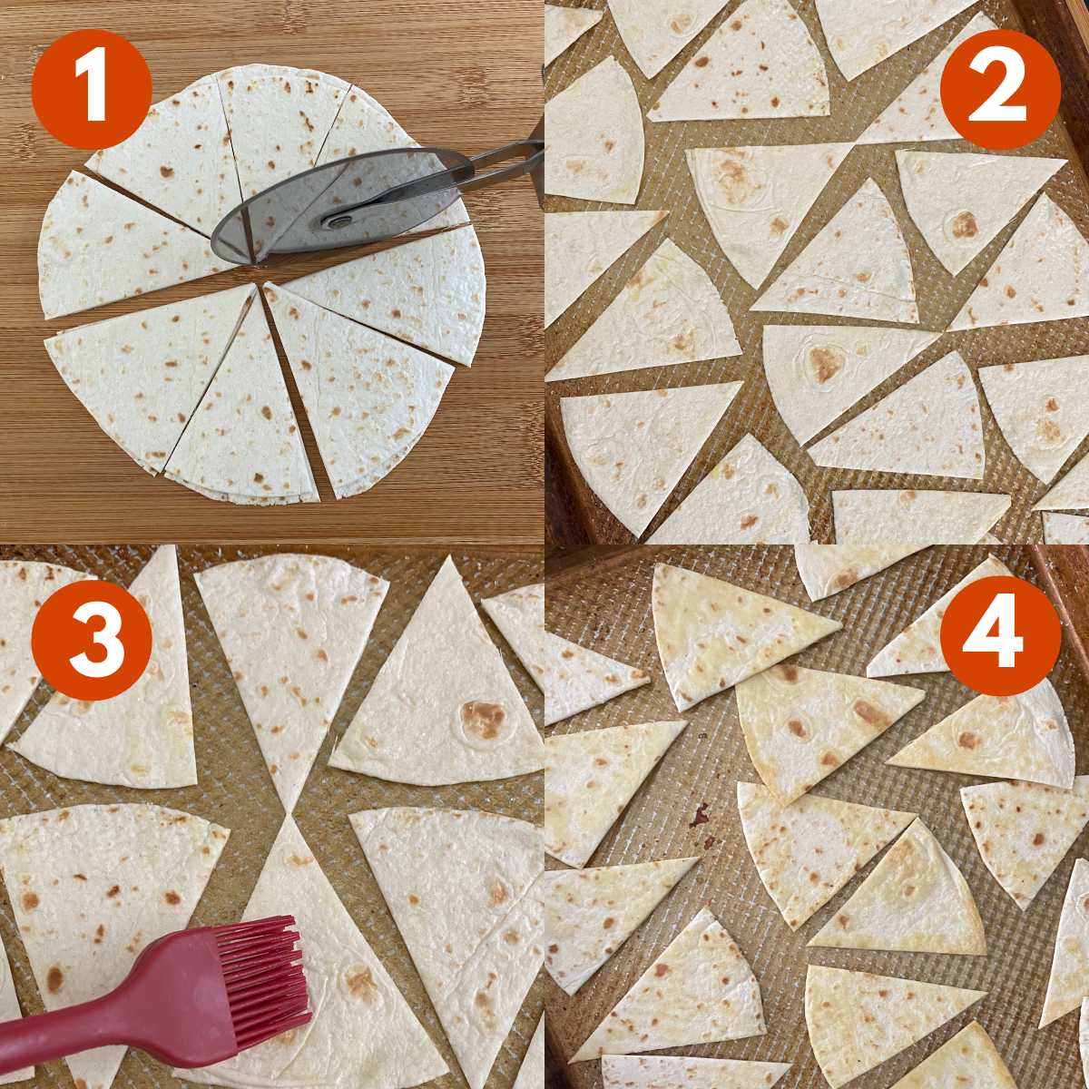 Picture collage to make low-carb tortillas: 1) cutting in ⅛ths 2) spread on pan 3) brushing with olive oil 4) crisped on the pan.