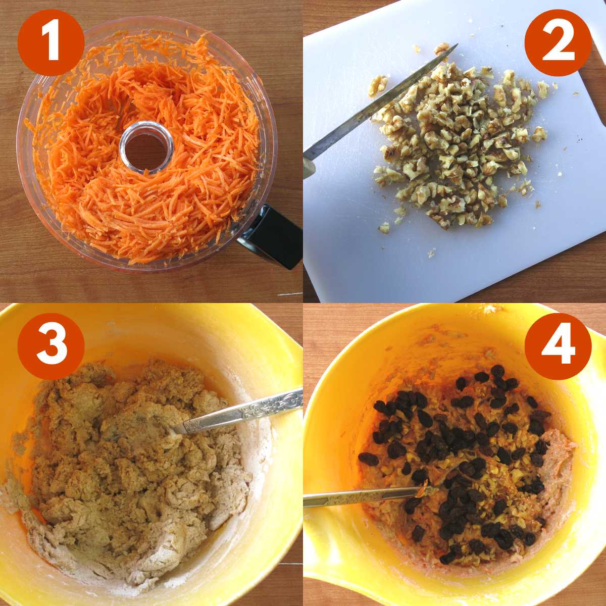 Graphic of steps to make carrot pineapple muffins: 1) grated carrots in processor bowl, 2) walnut on cutting board, 3) dry mix in bowl 4) wet ingredients in batter.