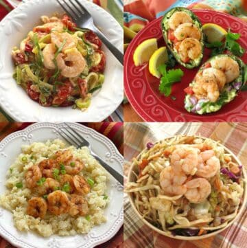 Collage shrimp with side dishes: cauiflower grits, sauteed cabbage, feta zoodles, gucamole boats.