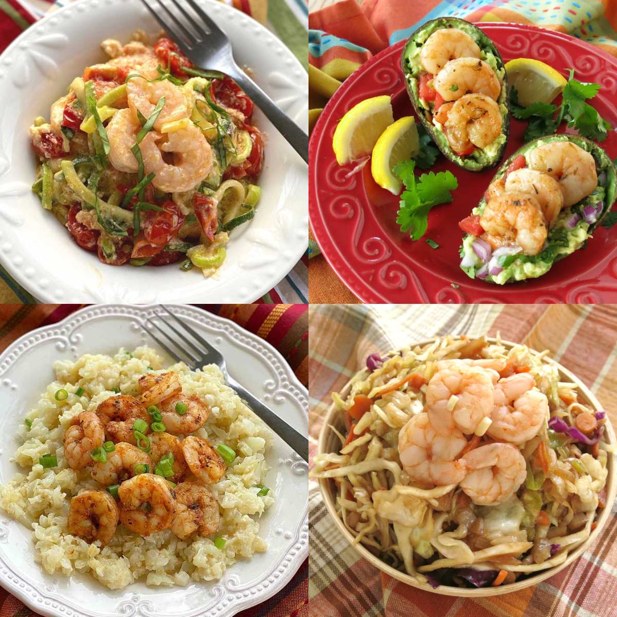 Collage shrimp with side dishes: cauiflower grits, sauteed cabbage, feta zoodles, gucamole boats.