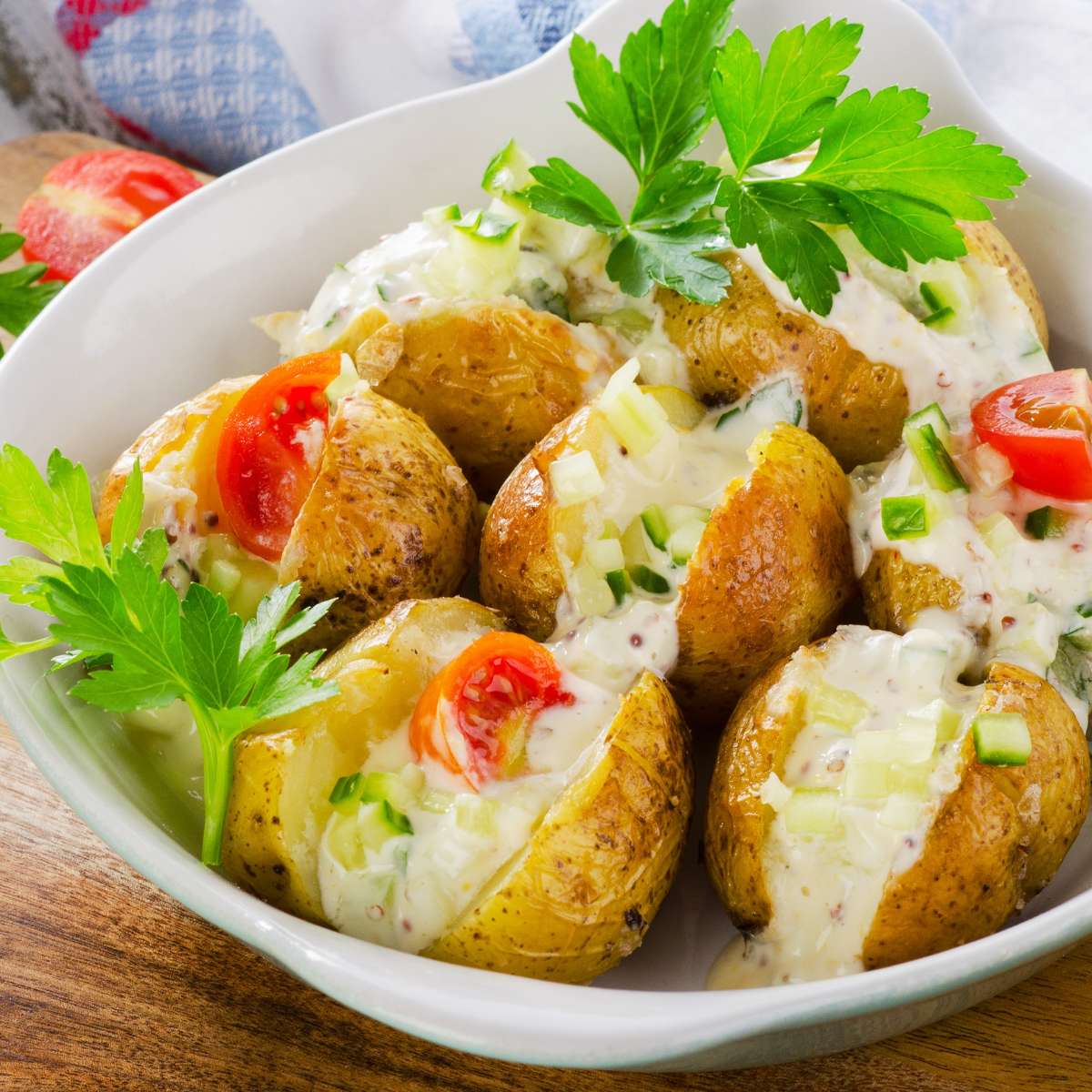 Platter of baked potatoes with creamy filling spilling out.