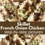 Skillet French onion chicken with Gruyere cheese and caramelized onions on a platter.