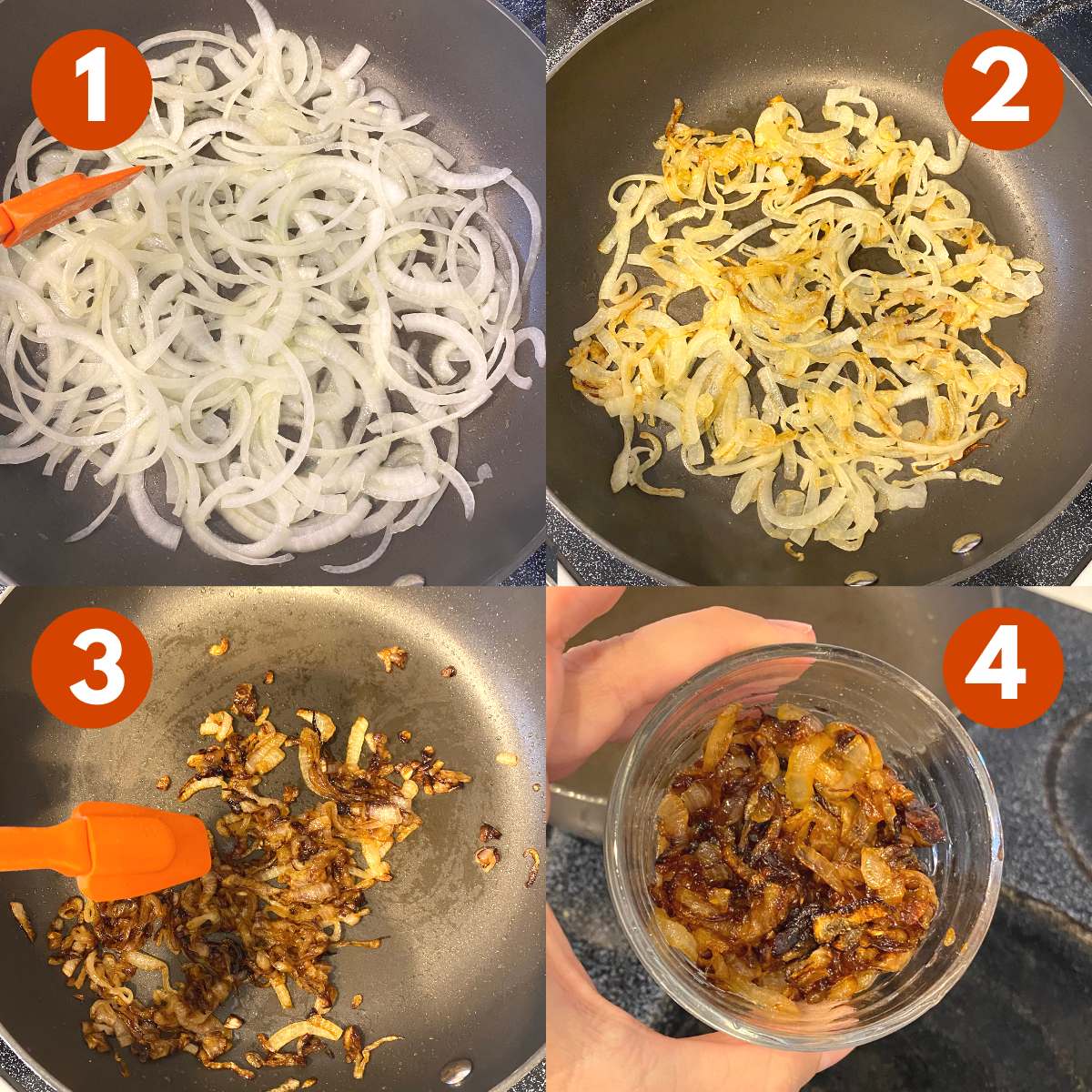 Step collage to make caramelized onions 1) Raw onions in pan 2) Onions after 15 minutes 3) Onions at 25 minutes 4) Onions in small glass bowl.