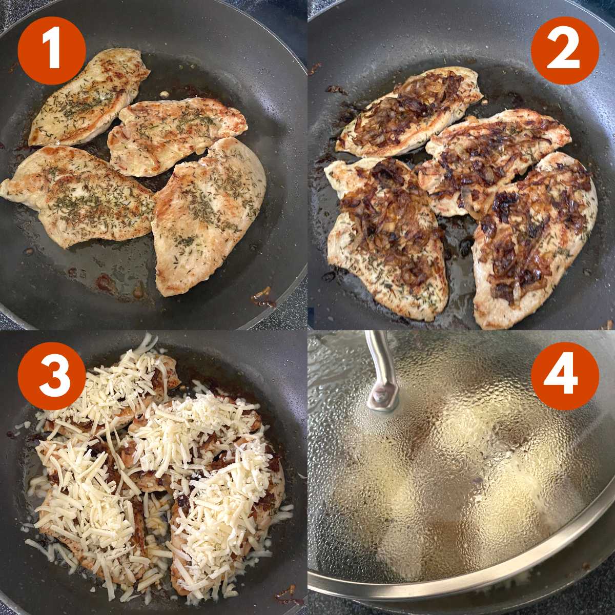 Step collage to make French onion chicken in a skillet: 1) Seasoned chicken in the pan, 2) Chicken breasts topped with caramelized onion, 3) Shredded Gruyére cheese added 4) Lid covering chicken and toppings to melt it.