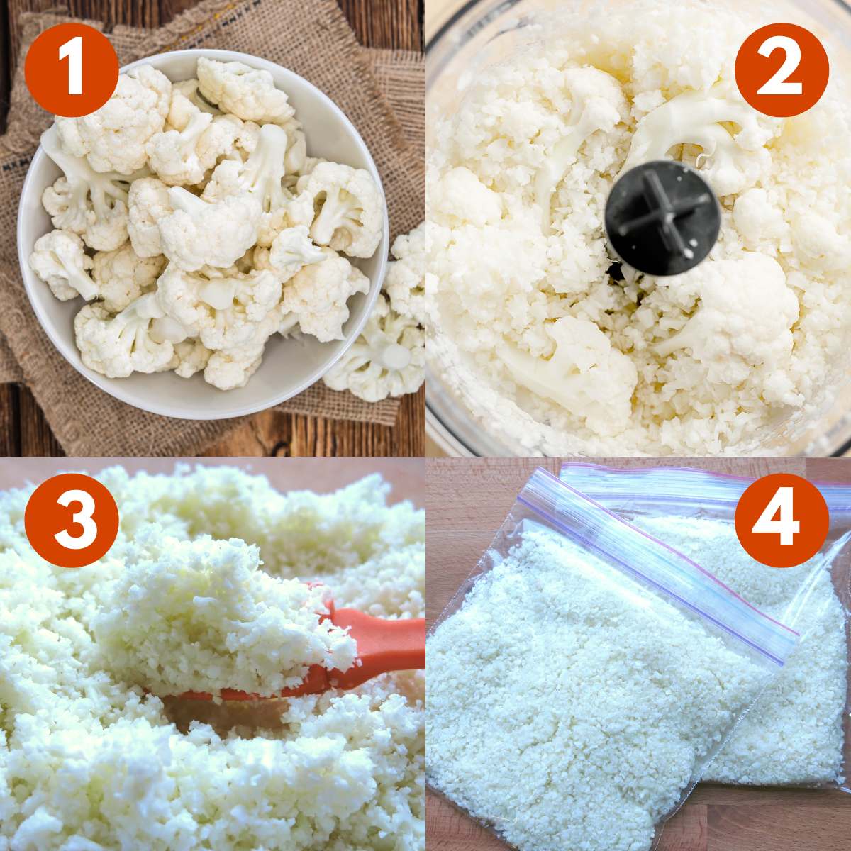 Collage of steps to rice cauliflower: cauliflower florets in a bowl, partially riced cauliflower in a food processor, spoon lifting riced cauliflower out of a bowl, riced cauliflower in two plastic bags.