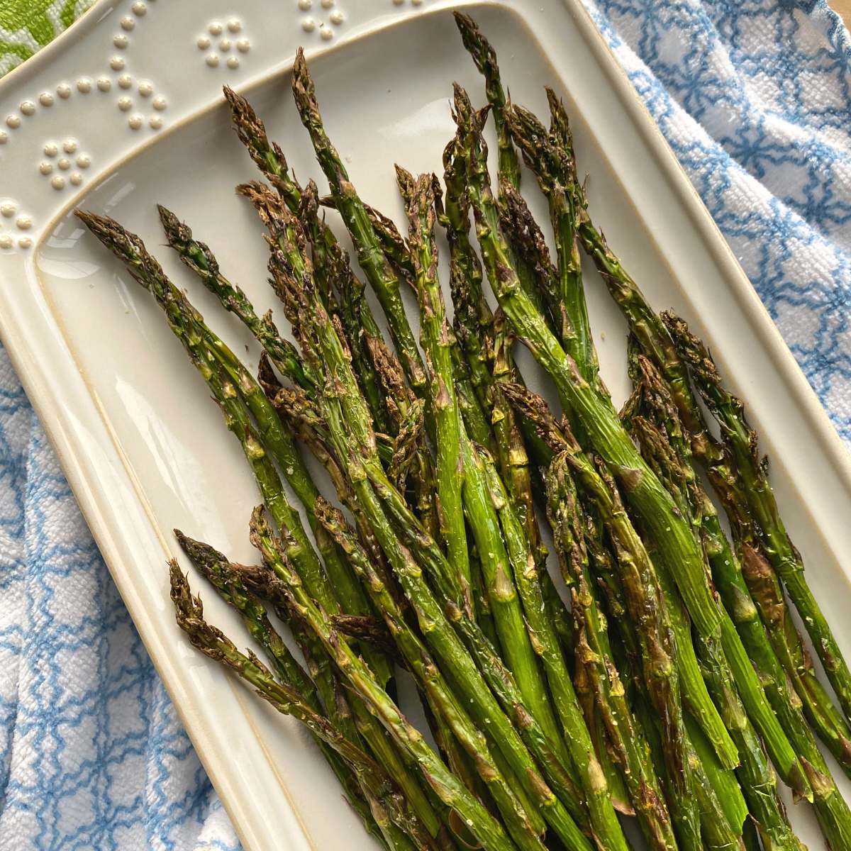 Roasted asparagus on a platter.