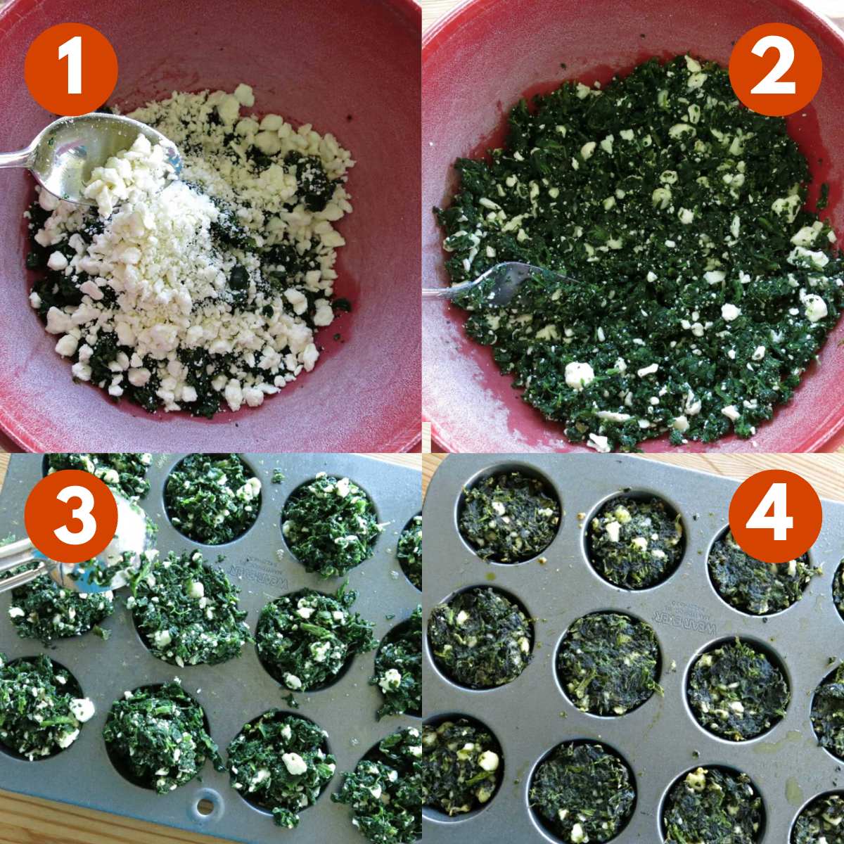 Collage of steps to make spinach feta egg cups: 1) Ingredients in bowl, 2) ingredients mixed in bowl, 3) ingredients being scooped into a mini muffin tin, 4) baked egg cups in a mini muffin tin.