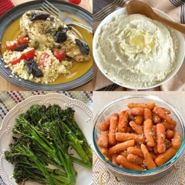 Collage of Chicken Marbella side dishes: couscous, mashed cauiflower, broccolini, sauteed carrots.