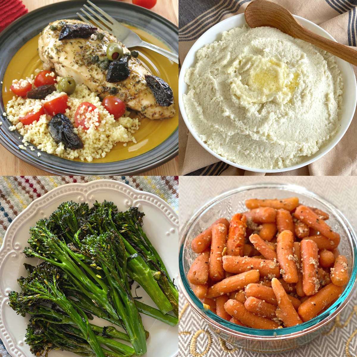 Collage of Chicken Marbella side dishes: couscous, mashed cauiflower, broccolini, sauteed carrots.