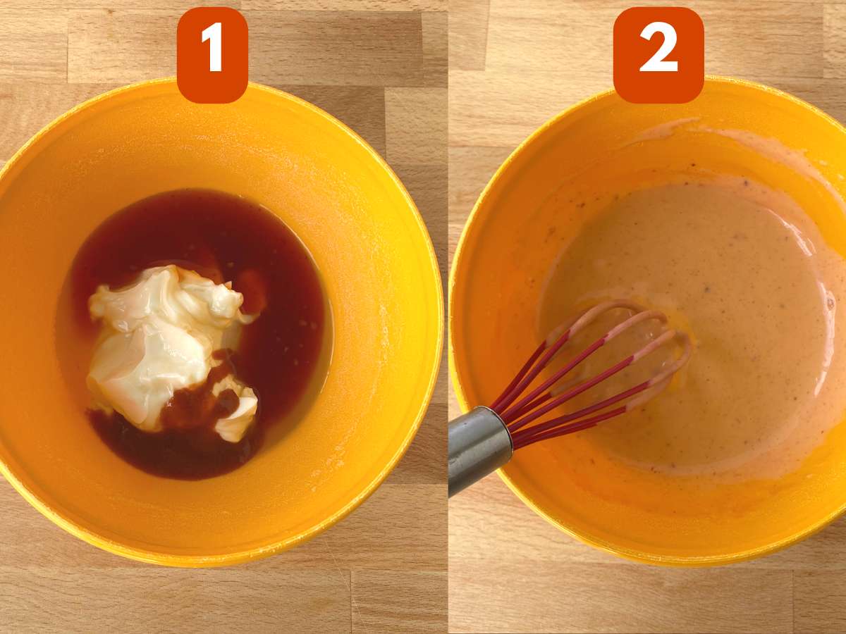 Collage of pictures to make recipe: 1) ingredients in small bowl before mixed, 2) mixed ingredients in bowl with a whisk.