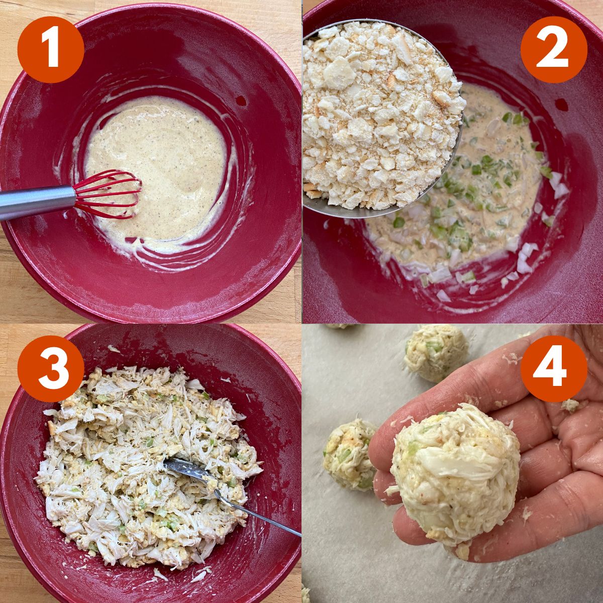 Collage of directions to make crab balls: 1) wet ingredients in bowl 2) crushed saltines being added to bowl with wet ingredients plus celery and onion, 3) crab mixture, 4) hand holding ball of crab mixture.