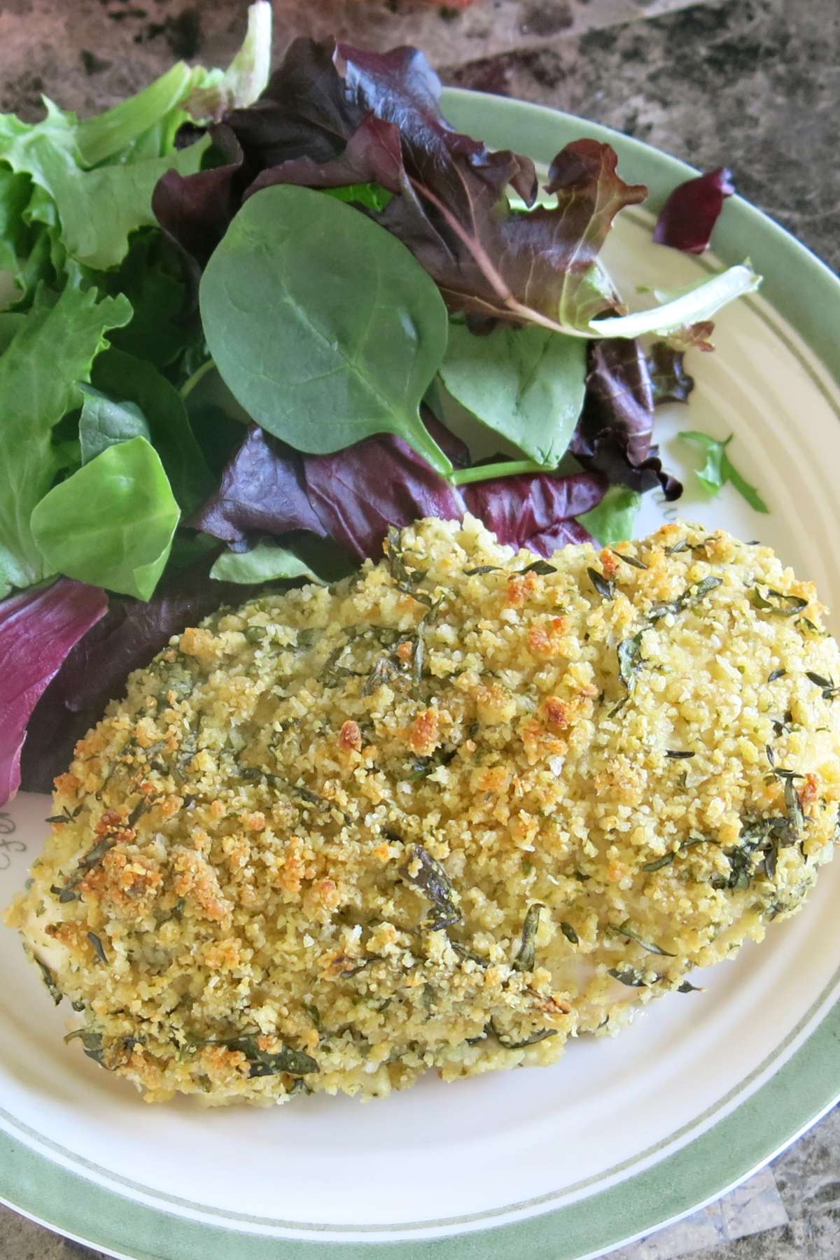 Close-up view of Parmesan and Herb Crusted Chicken on a plate.