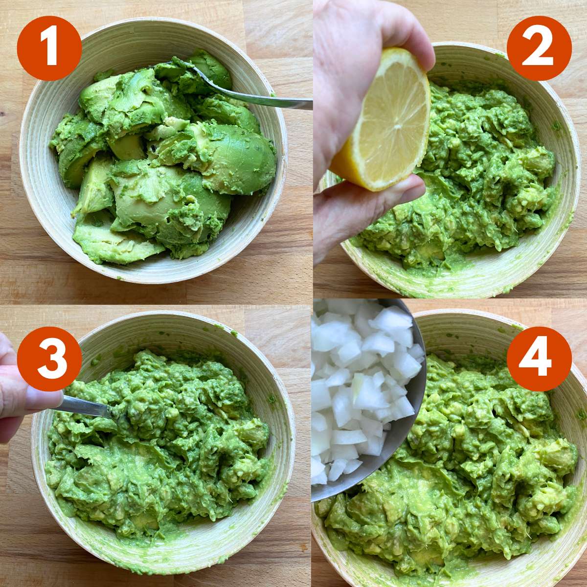 Numbered collage of pictures to make 4-ingredient guacamole recipe: 1) Flesh of avocadoes in bowl, 2) lemon being squeezed over avocado flesh, 3) fork mashing avocado, 4) onions being added to bowl.
