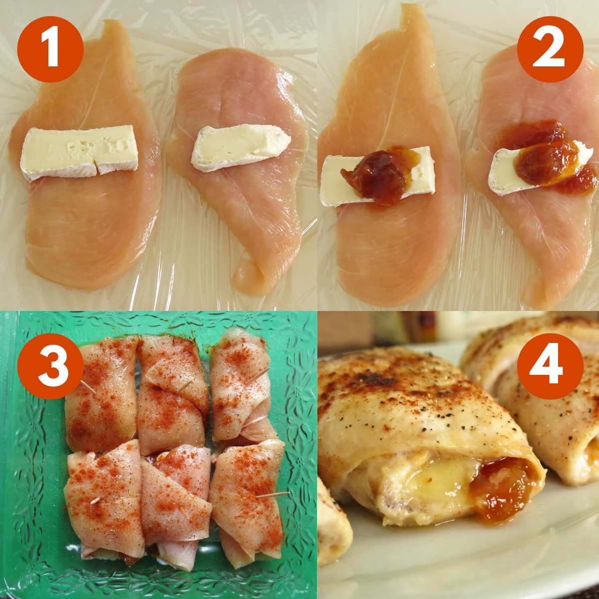 Picture collage of steps to prepare chicken roulades: 1) Slice of cheese on top of the chicken, 2) Mango chutney on top of the brie, 3) Rolled-up chicken in a baking dish, 4) baked chicken rolades on a plate.