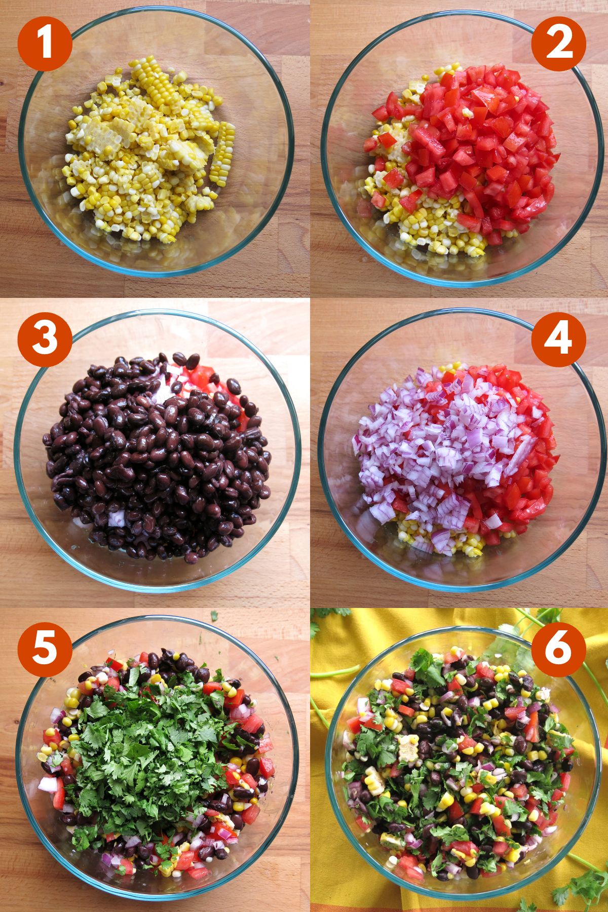 Numbered steps to make corn black bean salsa: 1) corn off the cob, 2) chopped tomatoes, 3) rinsed black beans, 4) chopped red onion, 5) chopped cilanto, 6) mixed with red wine vinegar dressing.