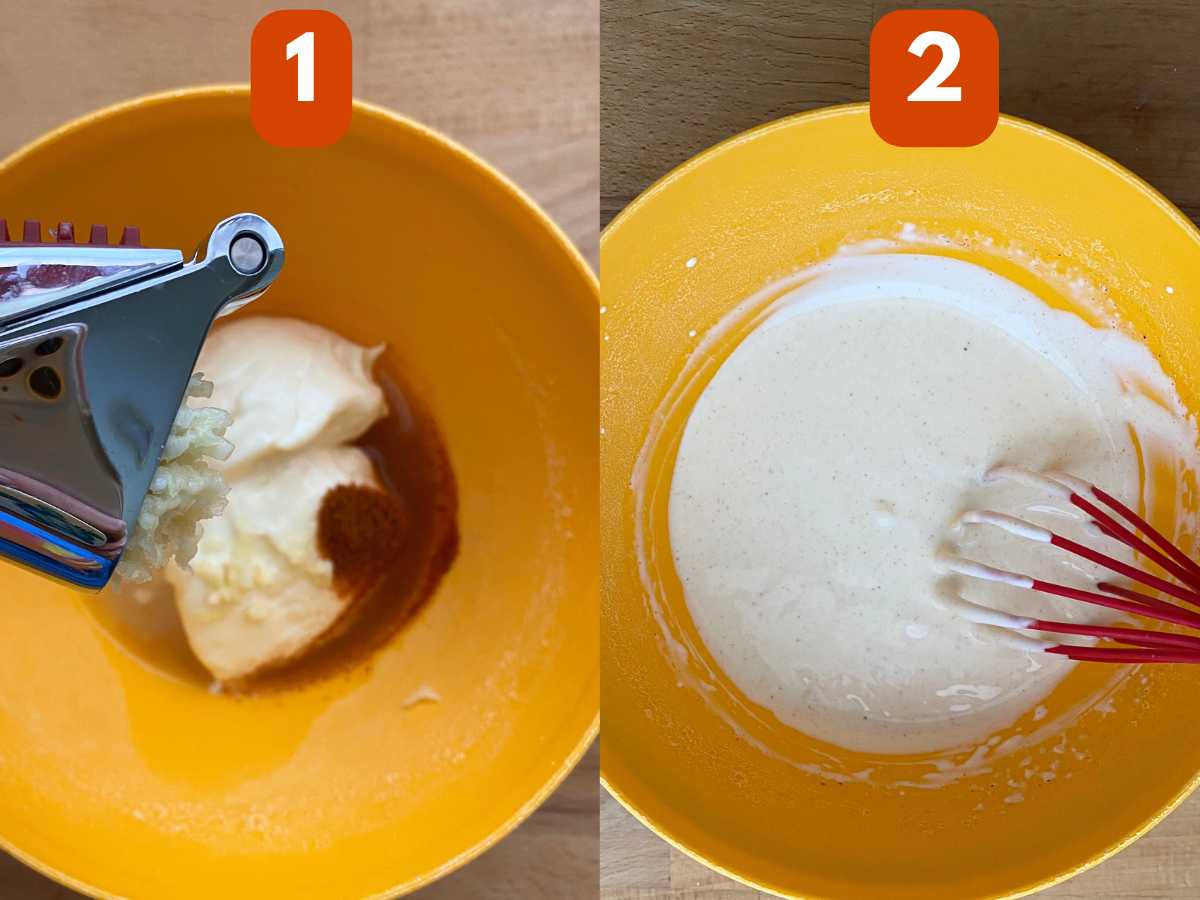 Collage of directions to make lemon garlic aioli: 1) Mayonnaise, lemon juice, paprika in bowl with garlic being pressed through a garlic press on top. 2) Whisk in a bowl of mixed ingredients.