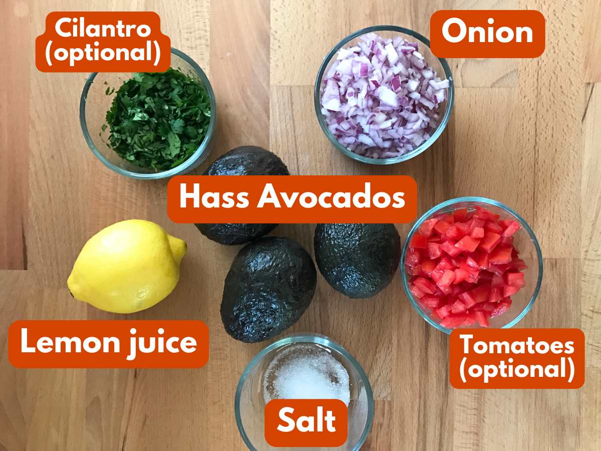 Collage of ingredients to make guacamole: 3 Hass avocadoes, lemon, salt, diced onion. Diced tomatoes and cilantro listed as optional.