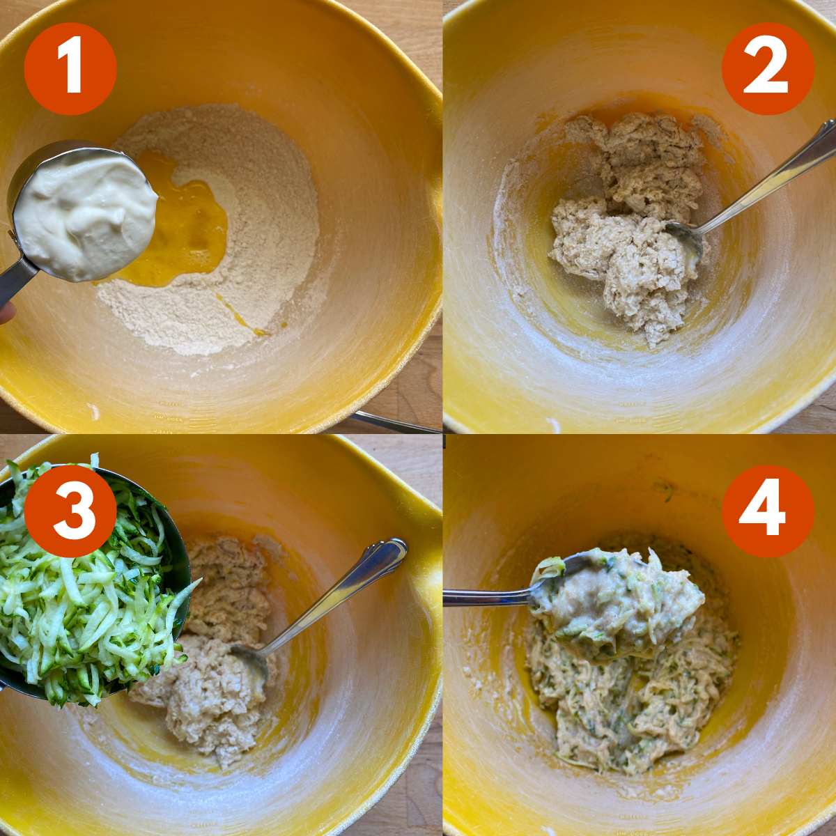 Collage of steps to make healthy zucchini muffins: 1) Yogurt being added to bowl with egg and dry mix. 2) Wet and dry ingredients mixed. 3) Zucchini shreds being added to bowl. 4) Spoon lifting batter out of the bowl