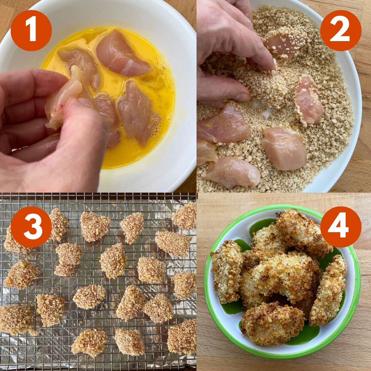 Collage of directions to make breaded chicken nuggets: 1) chicken dipped in egg, 2) chicken rolled in panko breadcrumb mixture, 3) breaded nuggets on wire rack over a sheet pan, 4) cooked chicken nuggets in a bowl.