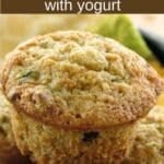 Healthy zucchini muffins made with yogurt and whole wheat flour stacked.