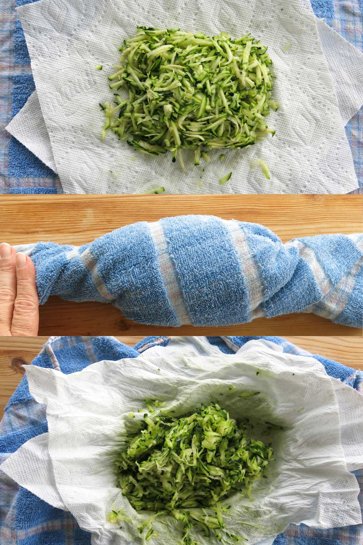 Collage of steps to press wetness out of zucchini: shreds on top of paper towels and a dishcloth, dish cloth folded up and twisted, zucchini shreds that have excess moisture removed.