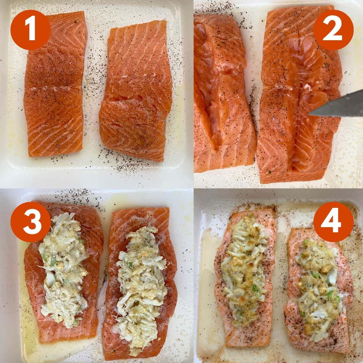 Numbered collage of steps to make crab stuffed salmon. 1) Seasoned salmon fillets in baking dish, 2) slit cut in the center of salmon fillets, 3) crab stuffing in and on top of the salmon, 4) cooked crab stuffed salmon in baking dish. 