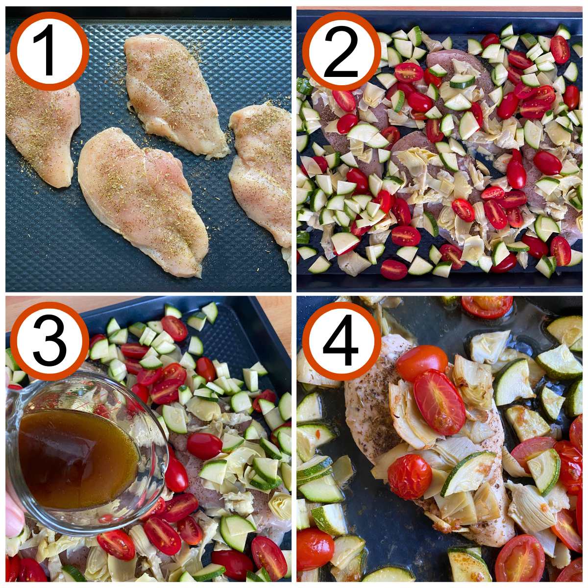 Collage of ingredients to make Mediterranean baked chicken: 1) seasoned chicken on sheet pan, 2) raw chicken topped with zucchini, artichokes, and tomatoes, 3) balsamic vinaigrette being poured of chicken and veggies, 4) cooked chicken and veggies on tray.