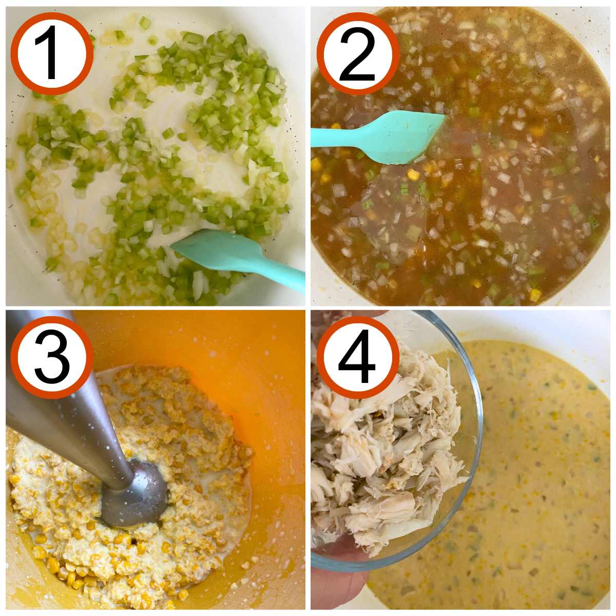 Collage of pictures to make corn crab soup recipe: 1) sauteeing onion and celery, 2) broth, corn, and spices added to pot, 3) corn and milk being pureed with an immersion blender, 4) crab meat being added to the pot.