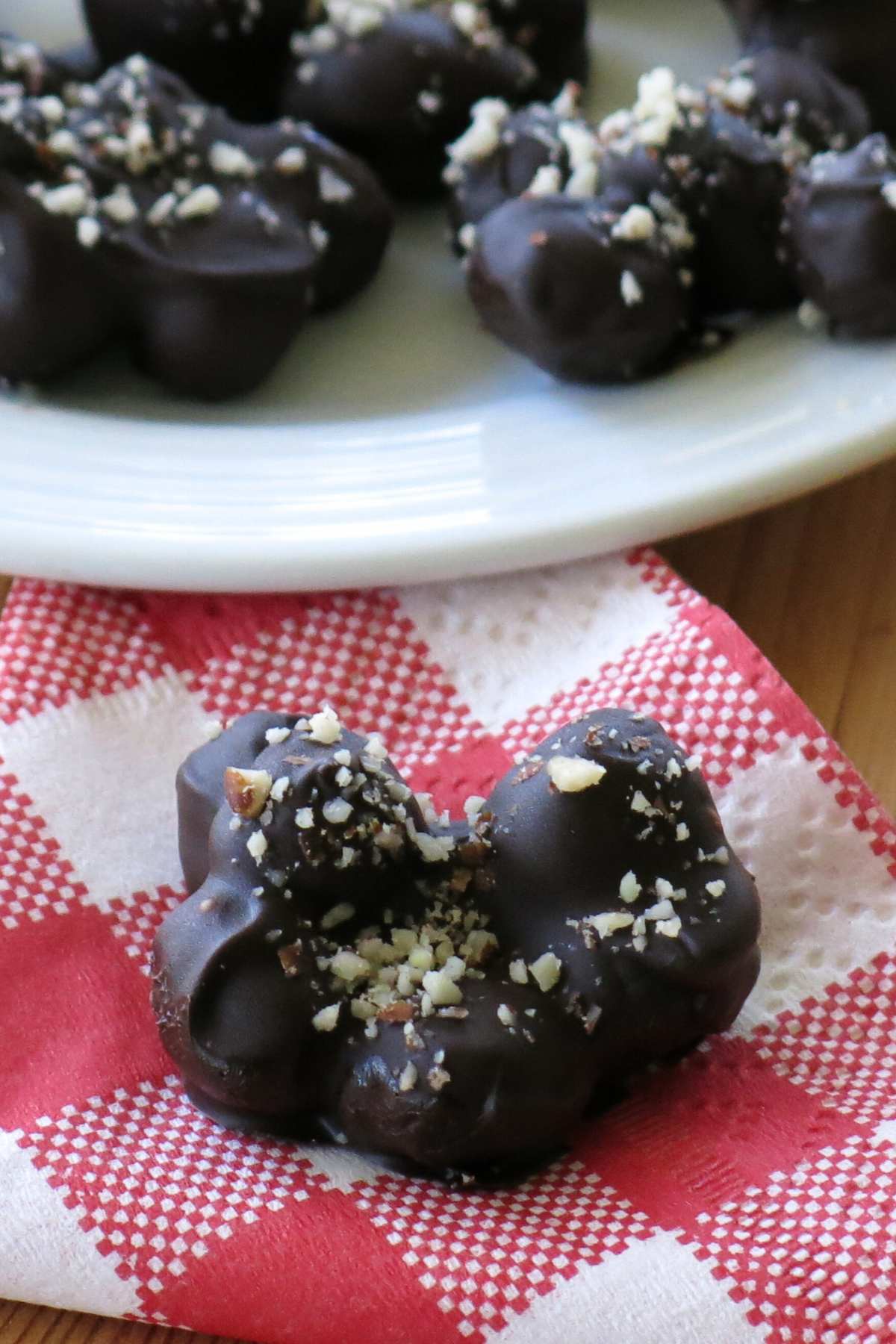 Dark chocolate blueberry cluster on a red checkered napkin with more chocolate covered blueberries behind it.