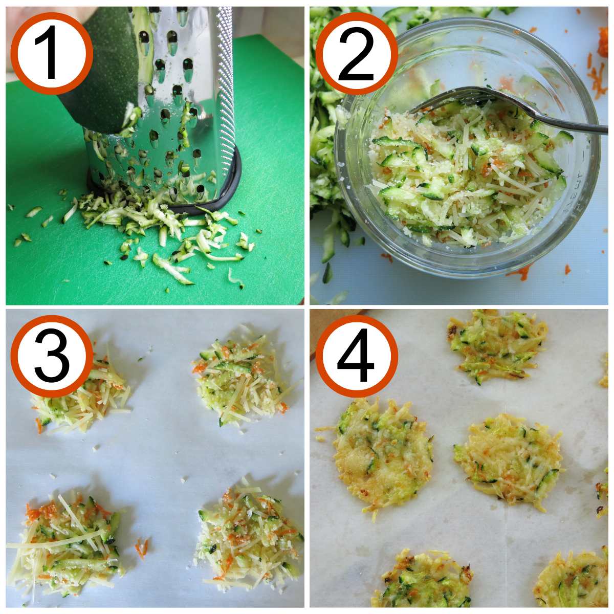 Collage of directions to make parmesan cheese crisps. 1) Zucchini shreds and box grater (optional) 2) Parmesan cheese in bowl with veggie shreds, 3) uncooked parmesan crisps on parchment paper, 4) baked cheese crisps on parchment paper.