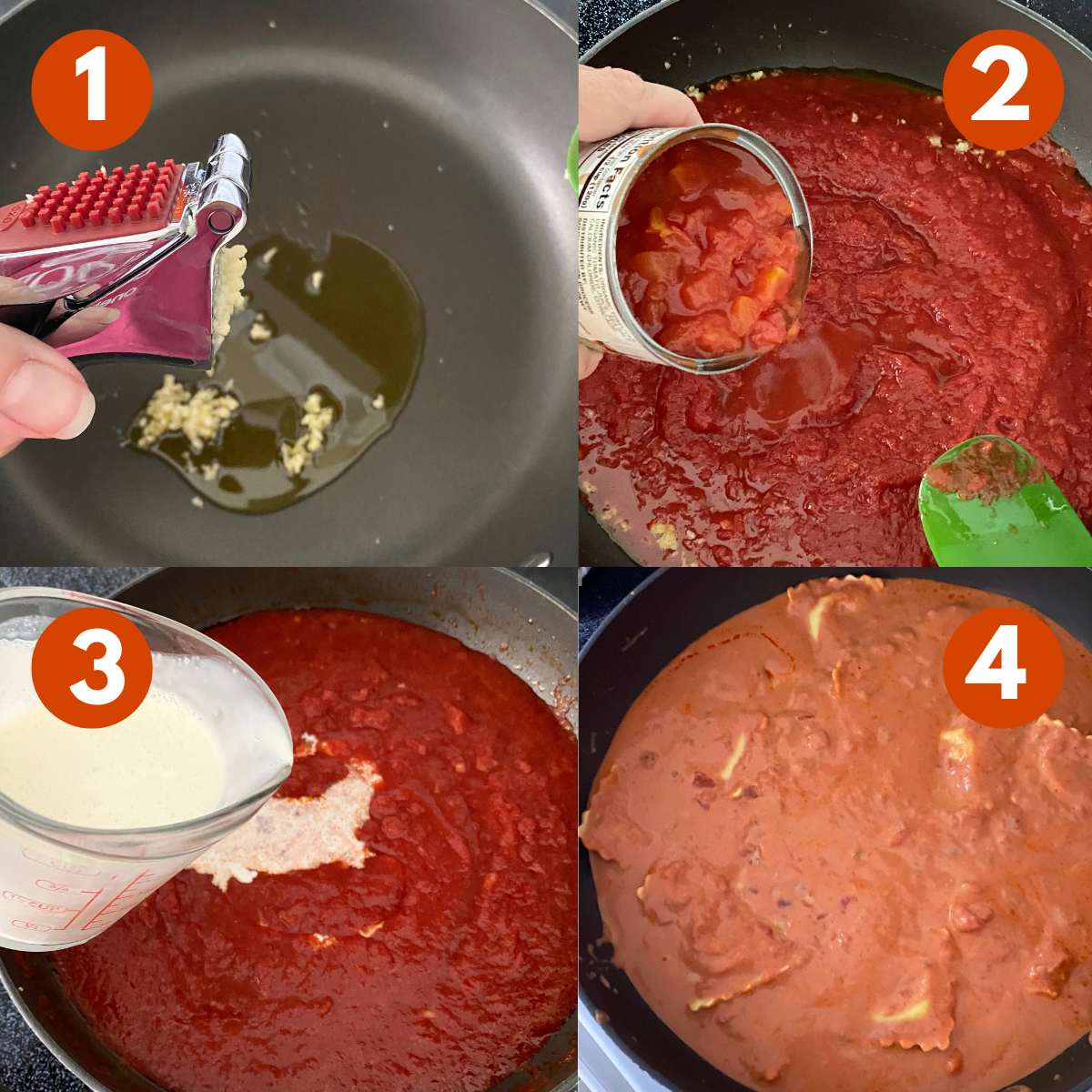 Numbered directions to make lobster ravioli sauce. 1) Garlic press over a skillet with olive oil. 2) Can of diced tomatoes being poured into a skillet with crushed tomatoes in it. 3) Heavy whipping cream being poured into the skillet. 4) Lobster ravioli in skillet with sauce.