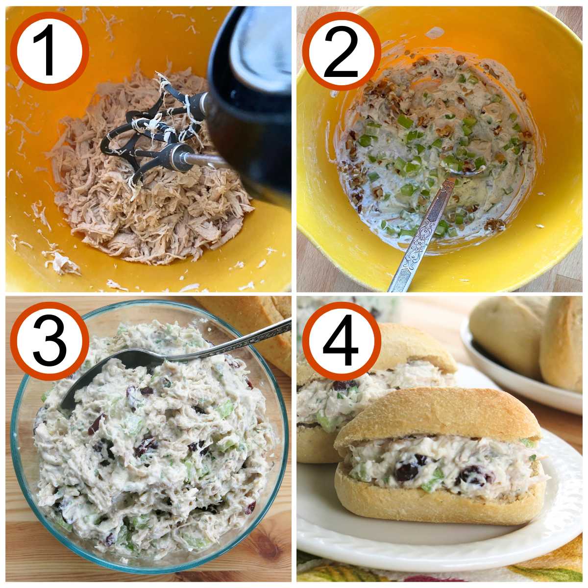 Collage of steps to make chicken salad: 1) Shredded chicken in bowl with beaters, 2) Mayonnaise, sour cream, spices, nuts, and celery mixed in a bowl, 3) Chicken mixed with all the other salad ingredients, 4) chicken salad in a roll.
