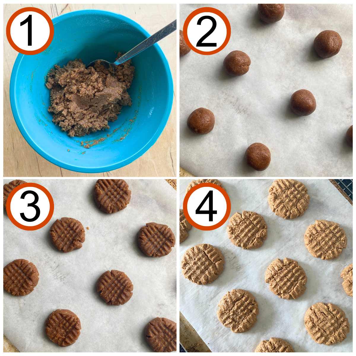 Collage of steps to make easy almond butter cookies: 1) Mixed dough in bowl with spoon. 2) Dough shaped into balls. 3) Uncooked cookies with crisscross marks on top. 4) Cooked cookies before they have set.