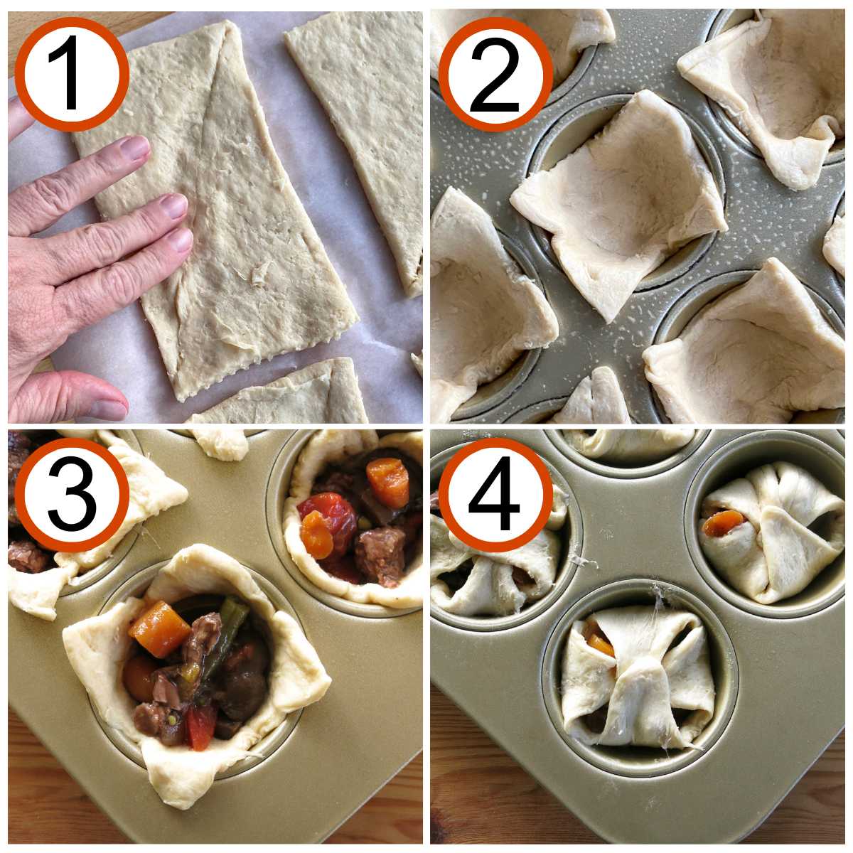 Collage of steps to make crescent roll pot pies. 1) Hand pinching seams of dough together. 2) Pastry dough in muffin tin. 3) Beef and vegetable filling in pastry. 4) Uncooked pot pies in muffin tin with the corners folded to the middle.