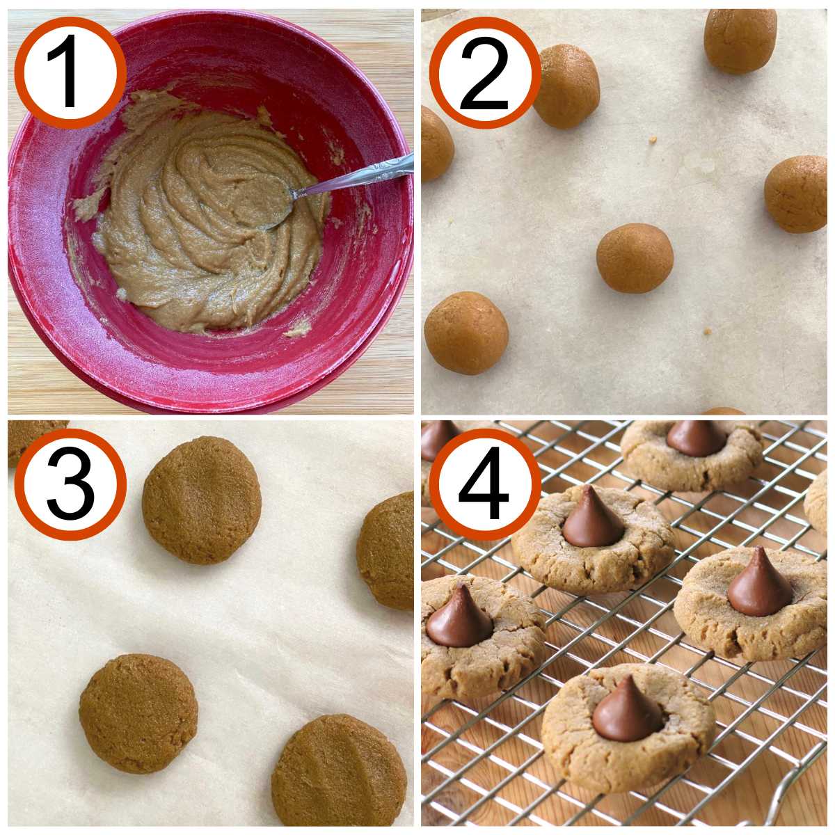 Collage of steps to make peanut butter blossom cookies: 1) Dough in bowl. 2) Balls of dough on baking sheet. 3) Flatten cookies after partially cooking. 4) Kisses on cookies that are on a wire rack.
