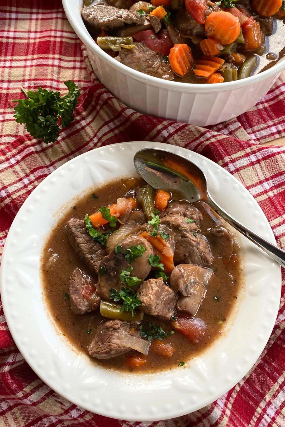 Gluten-free crock-pot beef stew and vegetables in a bowl with a spoon with a large pot with more stew behind it.