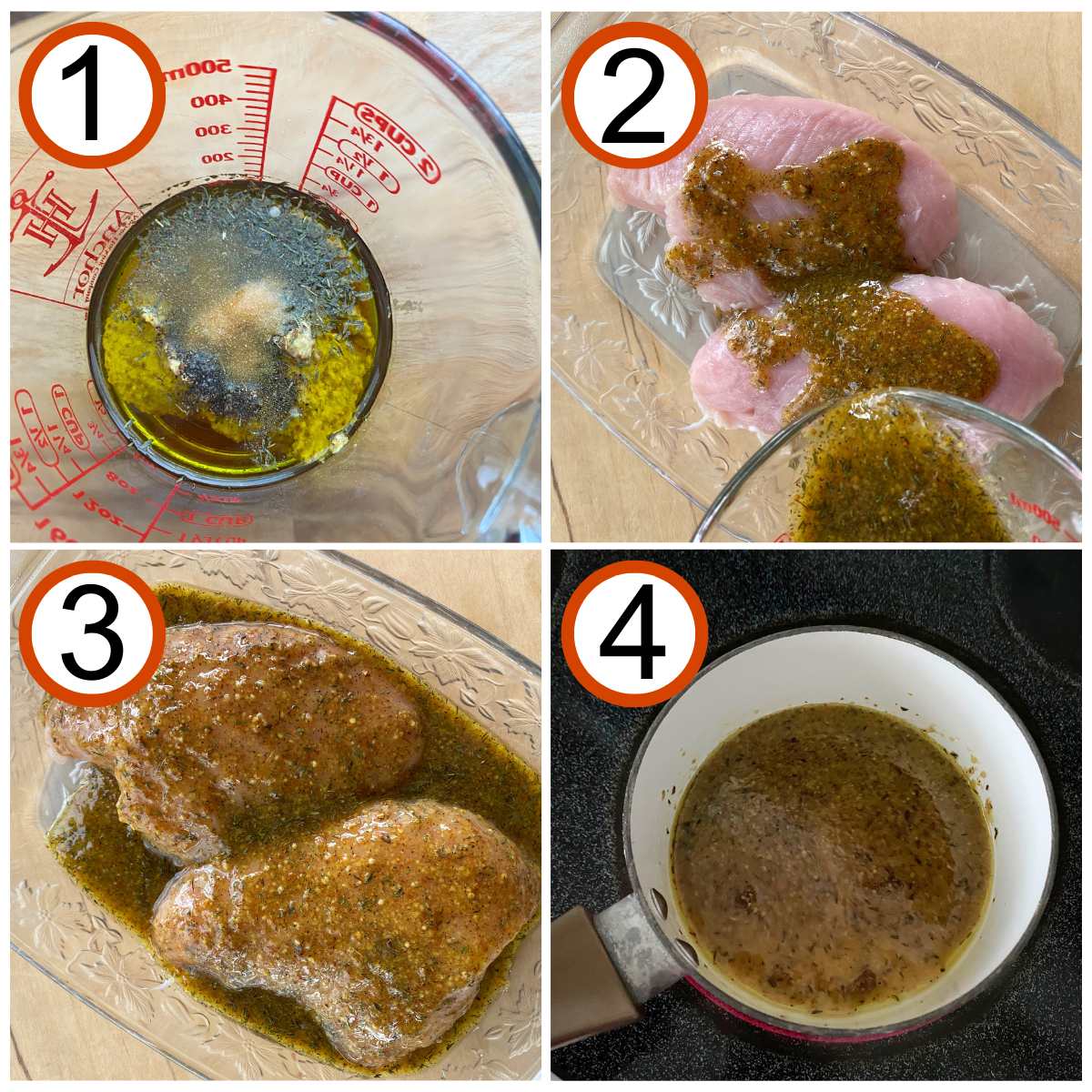 Numbered steps to make marinade: 1) Ingredients in a glass measuring cup. 2) Marinade being poured over turkey tenderloin in glass dish. 3) Turkey tenderloins covered in marinade. 4) Excess marinade in a small sauce pot on a stovetopo.