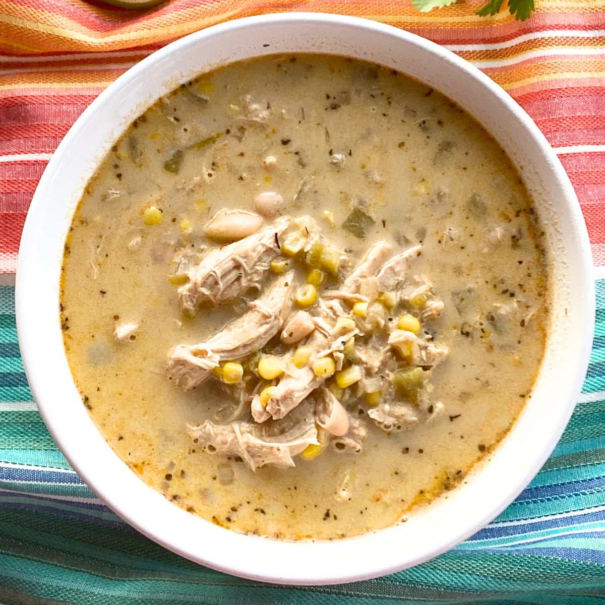 White Cream Cheese Chicken Chili in a bowl before any toppings have been added.